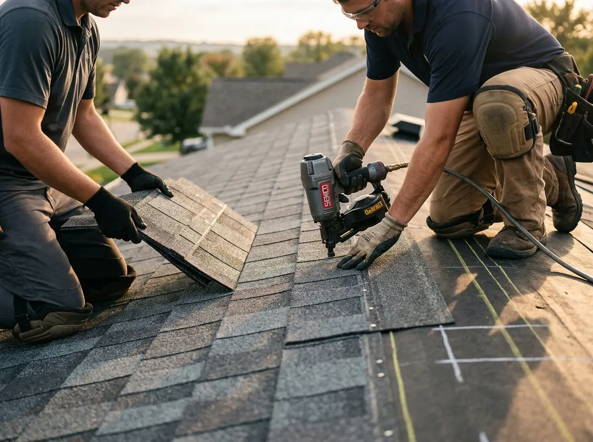 Professional roofer working on a residential roof in Bellaire